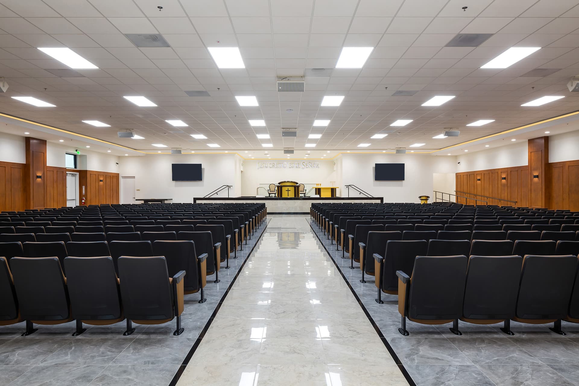 Sanctuary aisle and seating in the San Bernardino church project