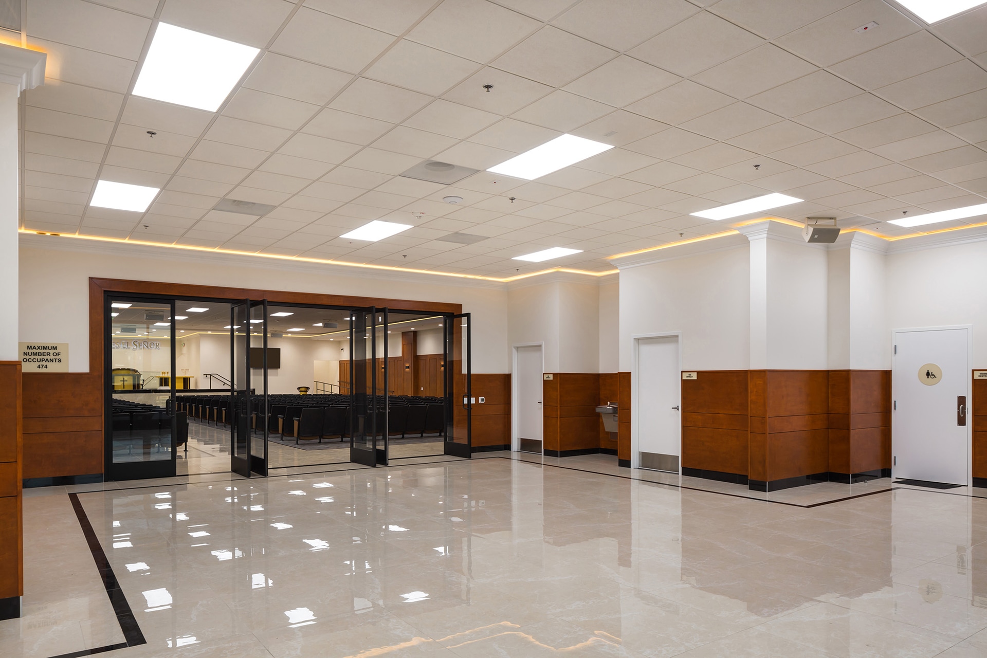 Completed lobby at the DWD Builders San Bernardino church project