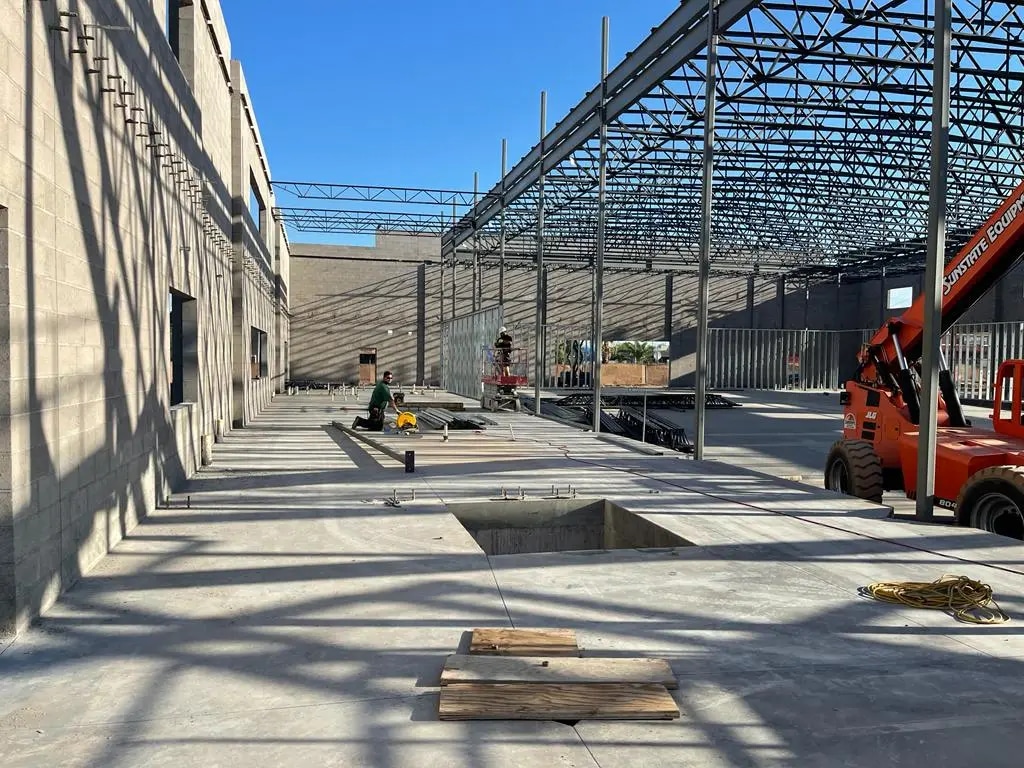 Roof framing and decking underway at the DWD Builders mixed-use assembly building in Phoenix