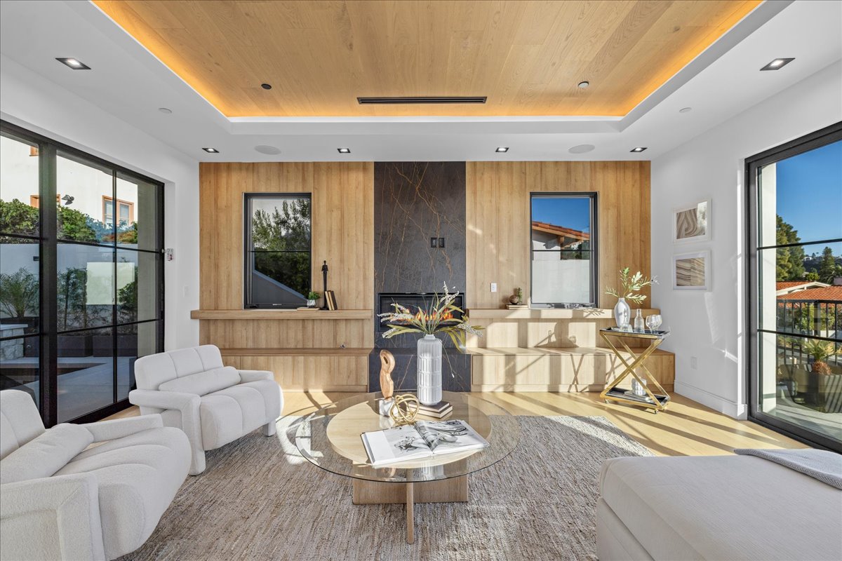 Living Room — Wood Ceiling & Fireplace